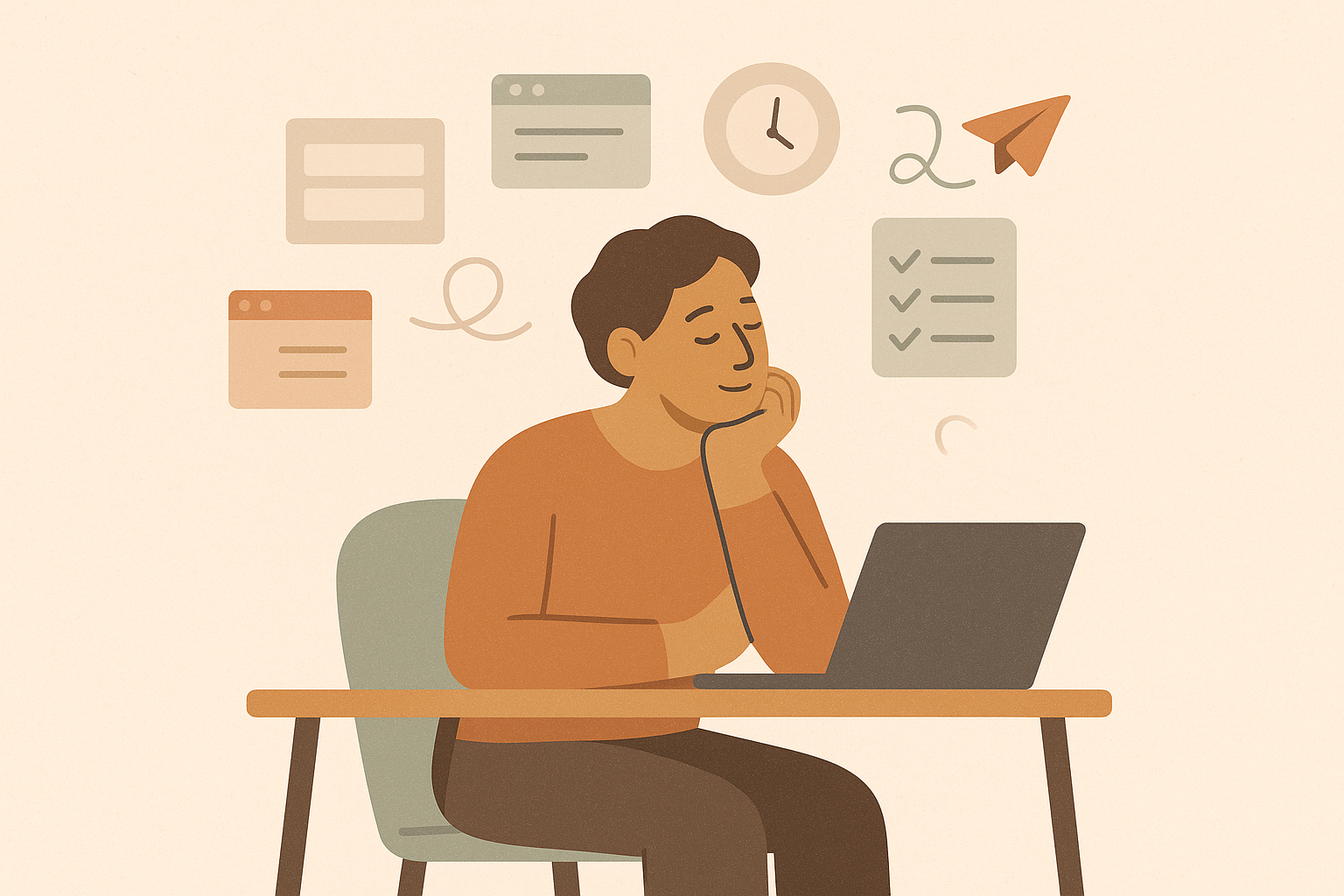 A warm editorial illustration of an adult at a desk surrounded by soft, floating reminders and open tabs, conveying a busy mind rather than clinical stress