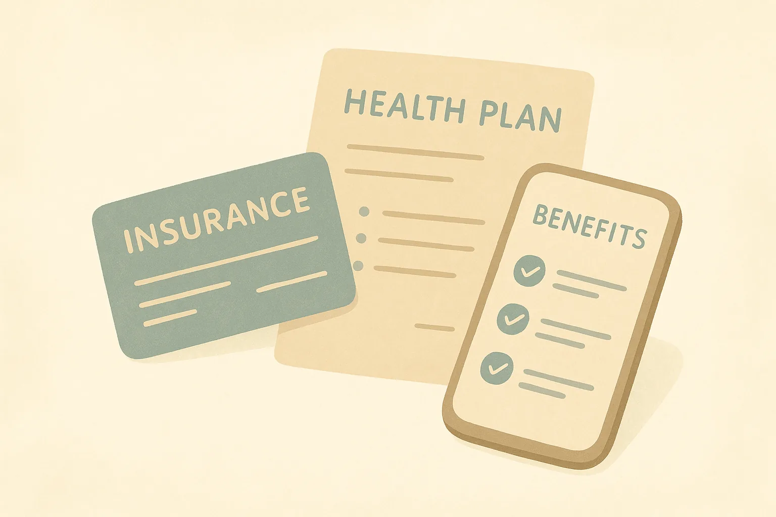 A calm illustration of an insurance card, a health plan document, and a phone showing benefits, arranged on a soft cream background