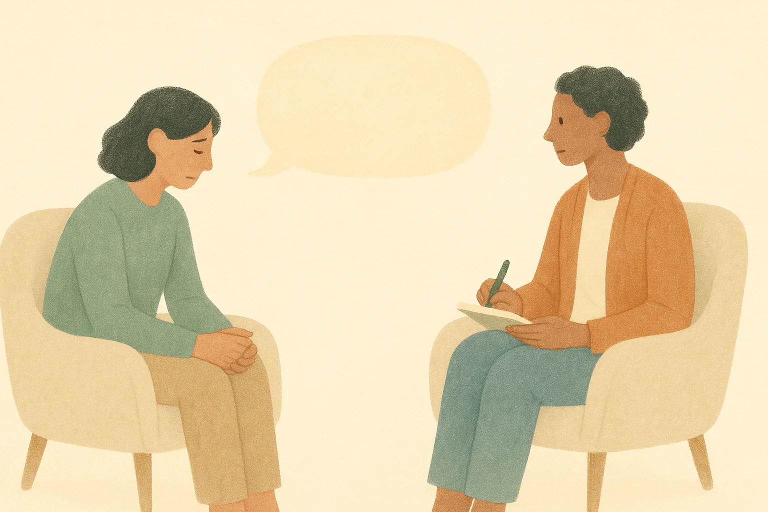 A warm editorial illustration of a person and a therapist sitting across from each other in comfortable chairs, a soft speech bubble between them, on a calm cream background
