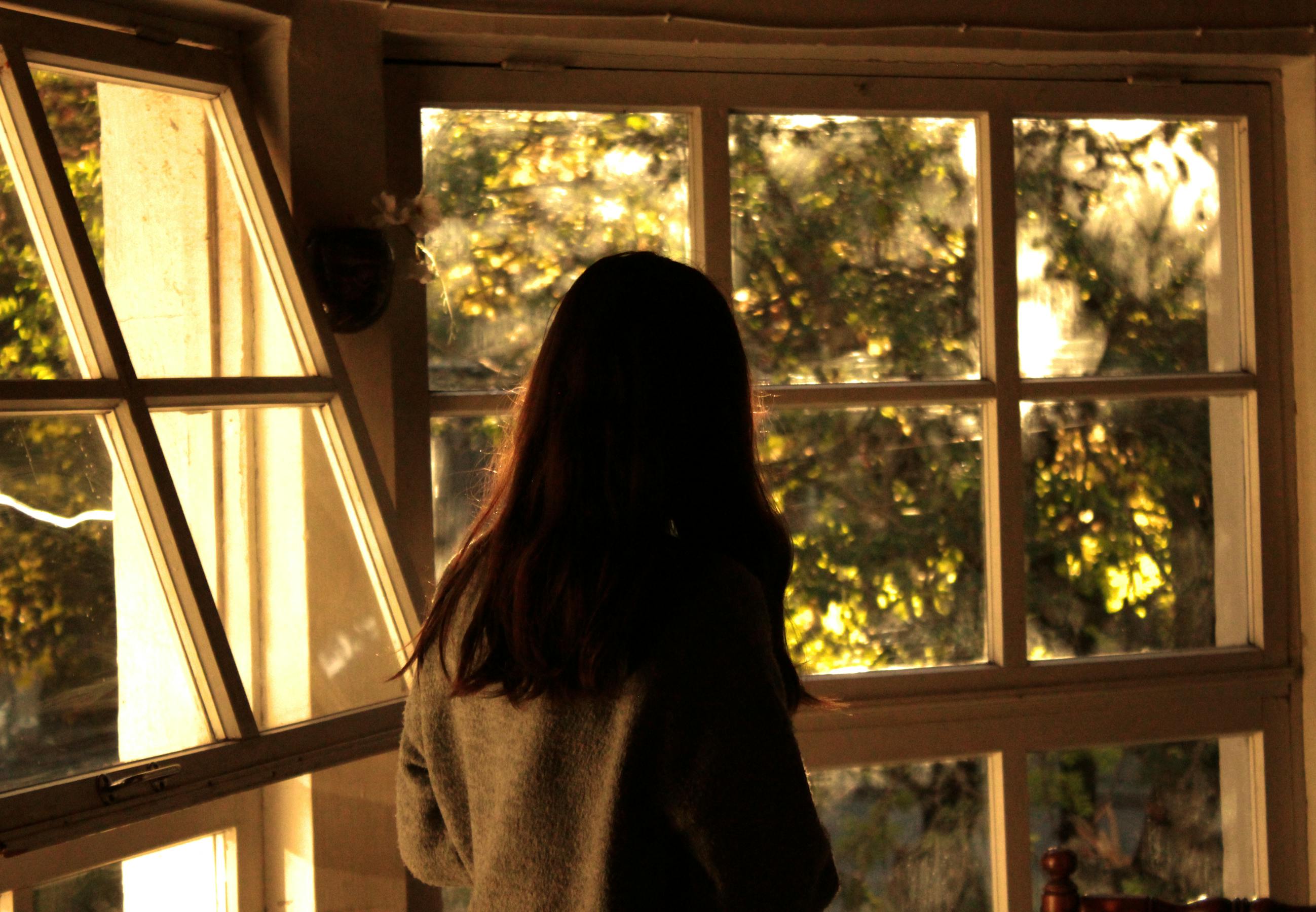 A person standing by a window in soft daylight